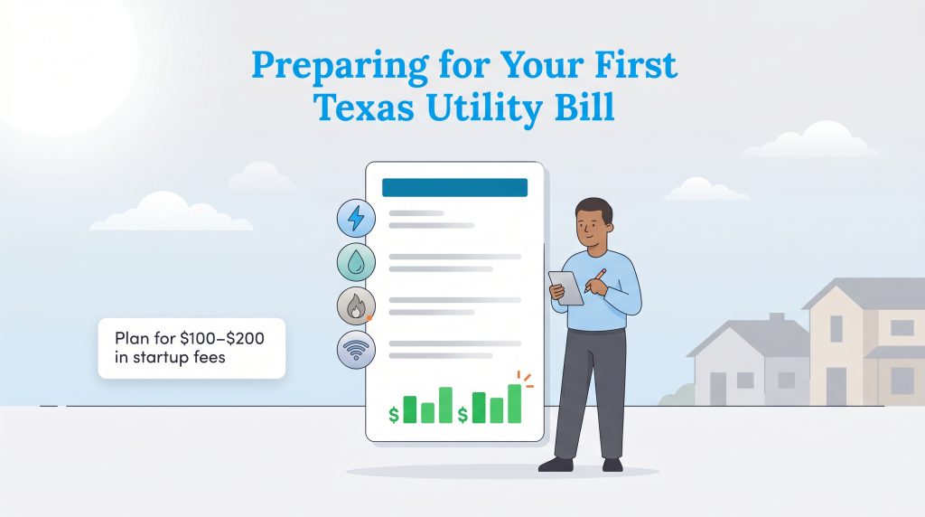 Man reviews a Texas utility checklist graphic with a note to plan for $100–$200 in startup fees.