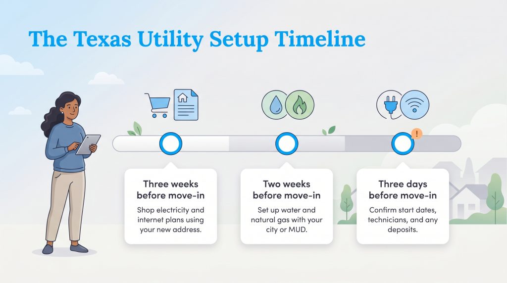 Timeline showing when to set up electricity, water, gas, and internet before moving to Texas.