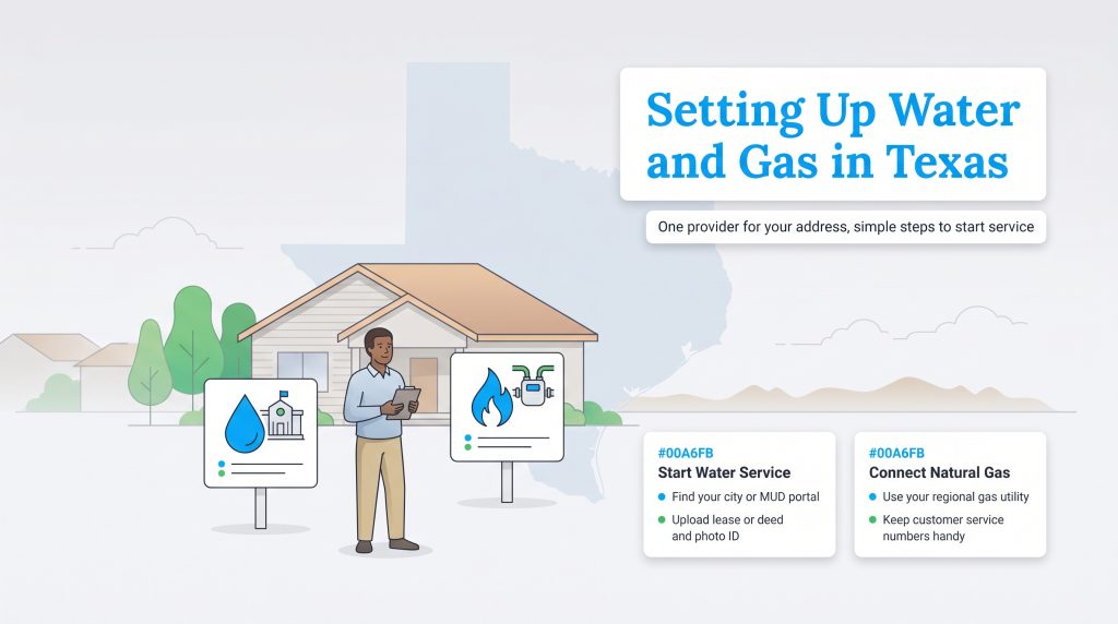 Infographic showing steps to start regulated water and natural gas services in Texas for a home.
