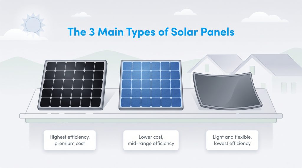 Illustration of three solar panels on a roof: a black panel, a blue panel, and a curved grey panel, each with a label describing its efficiency and cost.