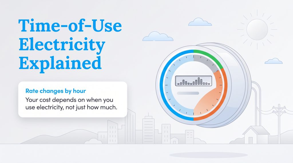 Illustration of a smart meter and text explaining time-of-use electricity rates.