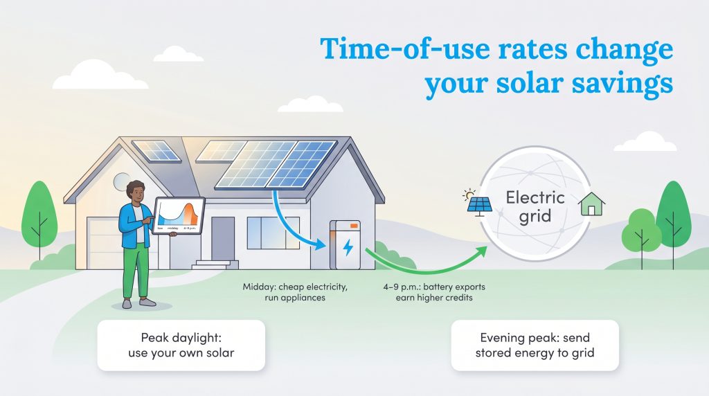 Infographic showing a solar battery storing energy for export during high-rate evening hours.
