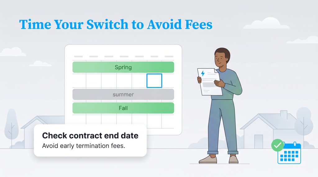 Illustration of a person checking a bill and a calendar to time their electricity provider switch.