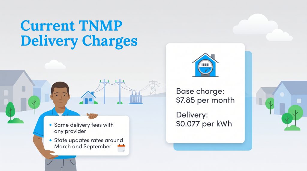 Graphic showing TNMP delivery charges: $7.85 monthly base charge and $0.077 per kWh delivery rate.