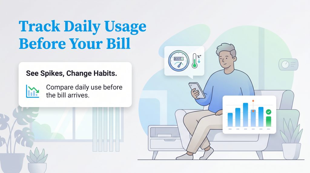 Man uses a phone to track daily utility usage with graphs and a thermometer icon.