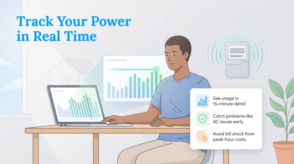 Illustration of a man tracking home power usage on a laptop with data from a smart meter.