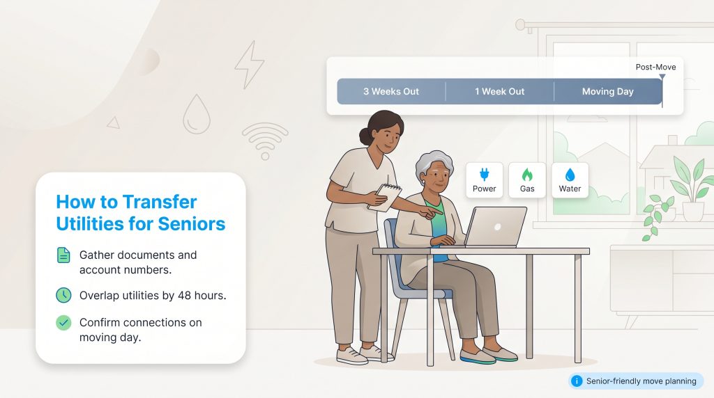 An illustration showing a caregiver helping a senior woman transfer utilities, with a checklist and a timeline from 3 weeks out to moving day.