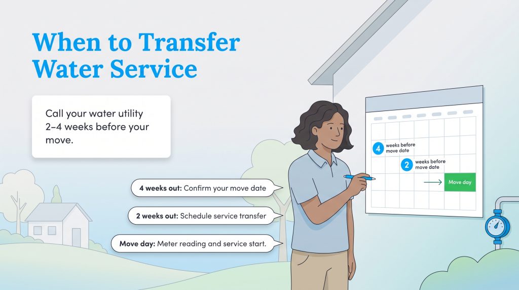 Illustration of a person marking a calendar for water service transfer 2-4 weeks before a move.