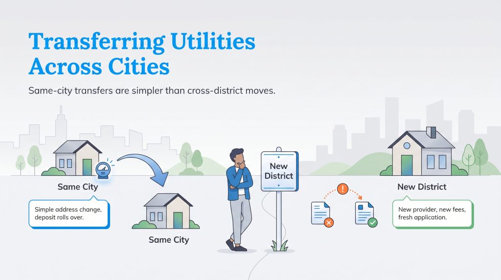 Infographic comparing utility transfer processes for moves within the same city versus to a new district.