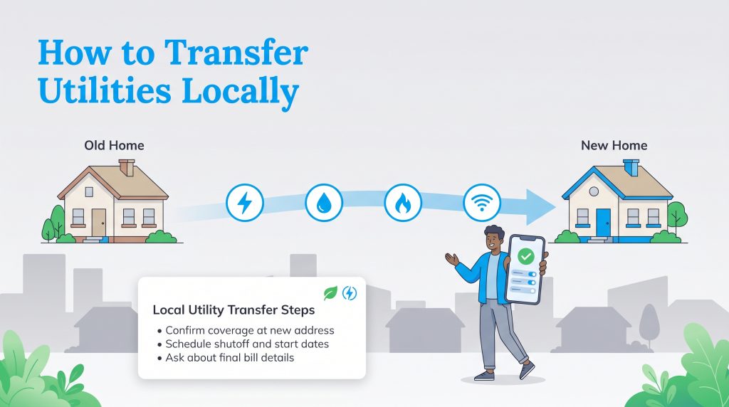 Infographic showing the steps to transfer utility services from an old home to a new home locally.