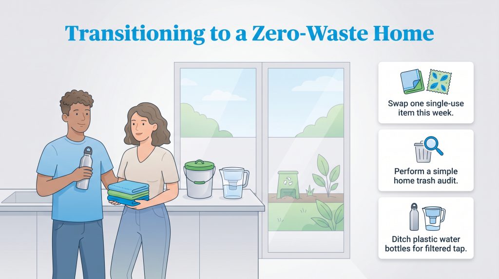 Infographic with a couple and tips on transitioning to a zero-waste home through reusable swaps.