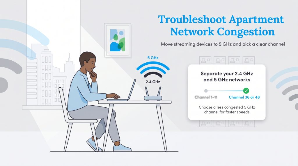 An infographic shows how to fix network congestion by separating 2.4 and 5 GHz networks and choosing a clear channel like 36 or 48.