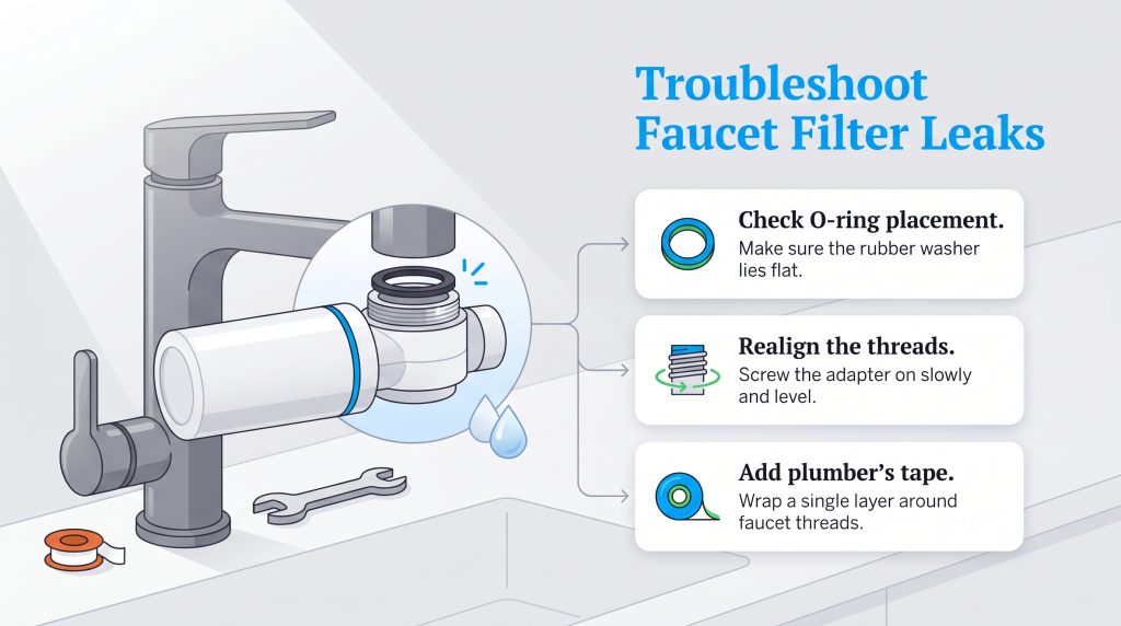 Infographic showing three steps to fix a leaking faucet filter: checking the O-ring, realigning threads, and adding plumber's tape.