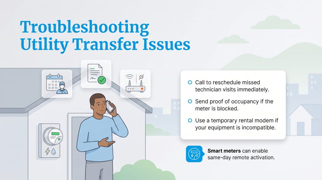 Infographic showing a man on phone and steps for resolving common utility transfer problems.