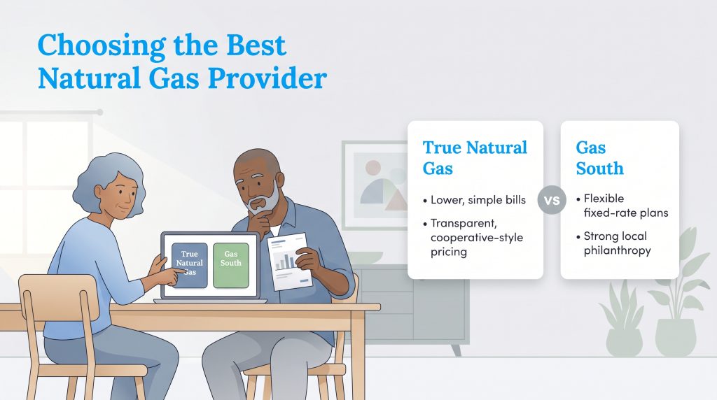 An older couple at a table with a laptop, comparing key features of True Natural Gas and Gas South.