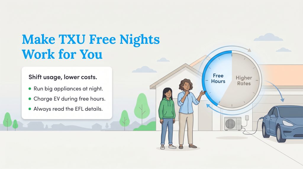 Infographic illustrating how to shift energy usage to nights for TXU's free hours plans.