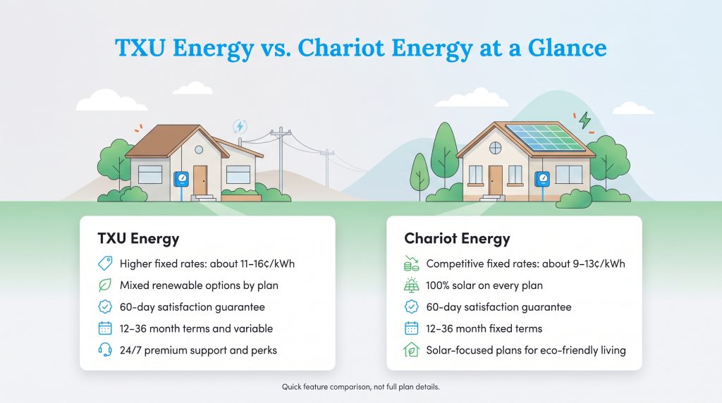 Infographic comparing TXU Energy and Chariot Energy features like rates, renewables, and terms.