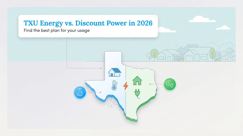 Infographic showing a split map of Texas comparing TXU Energy and Discount Power for 2026 plans.