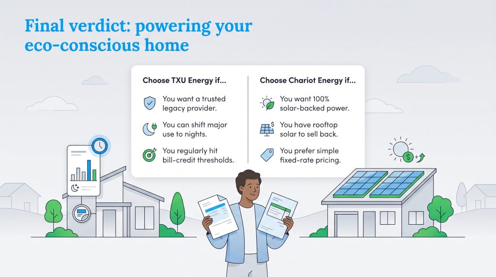 Comparison chart showing reasons to choose TXU Energy versus Chariot Energy for home electricity.