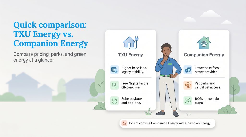 An infographic comparing TXU Energy and Companion Energy features like fees, perks, and green options.
