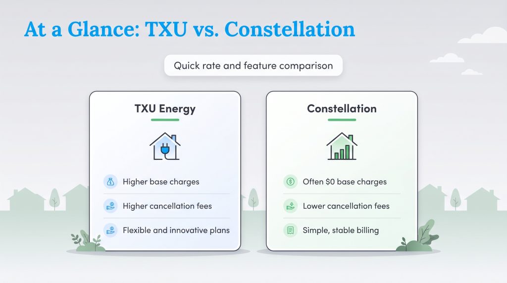 Comparison showing TXU Energy has higher fees and flexible plans versus Constellation's lower fees.