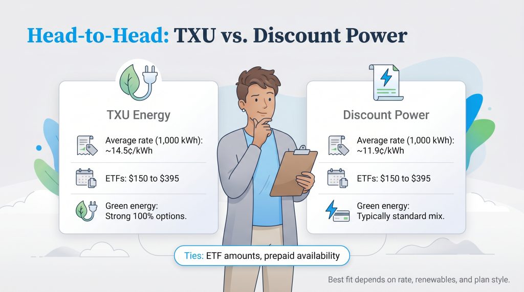 Infographic comparing rates, ETFs, and green energy for TXU Energy vs. Discount Power.