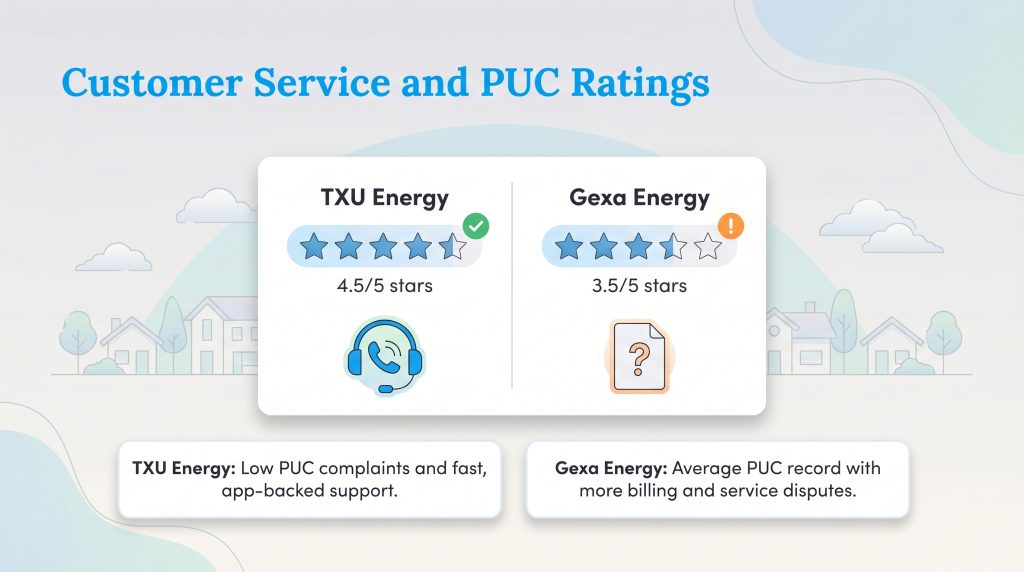TXU Energy has 4.5 stars and better support compared to Gexa Energy's 3.5 stars and billing disputes.