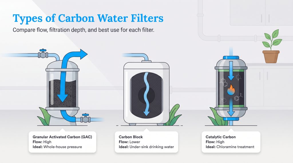 Infographic comparing flow, filtration depth, and best use for Granular Activated Carbon, Carbon Block, and Catalytic Carbon filters.