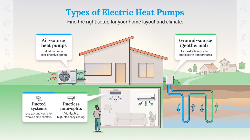 Diagram of a home showing air-source, ground-source, ducted, and ductless heat pump configurations.