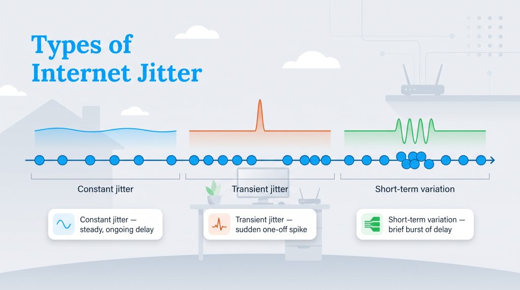 Diagram showing visual patterns of Constant jitter, Transient jitter, and Short-term variation.
