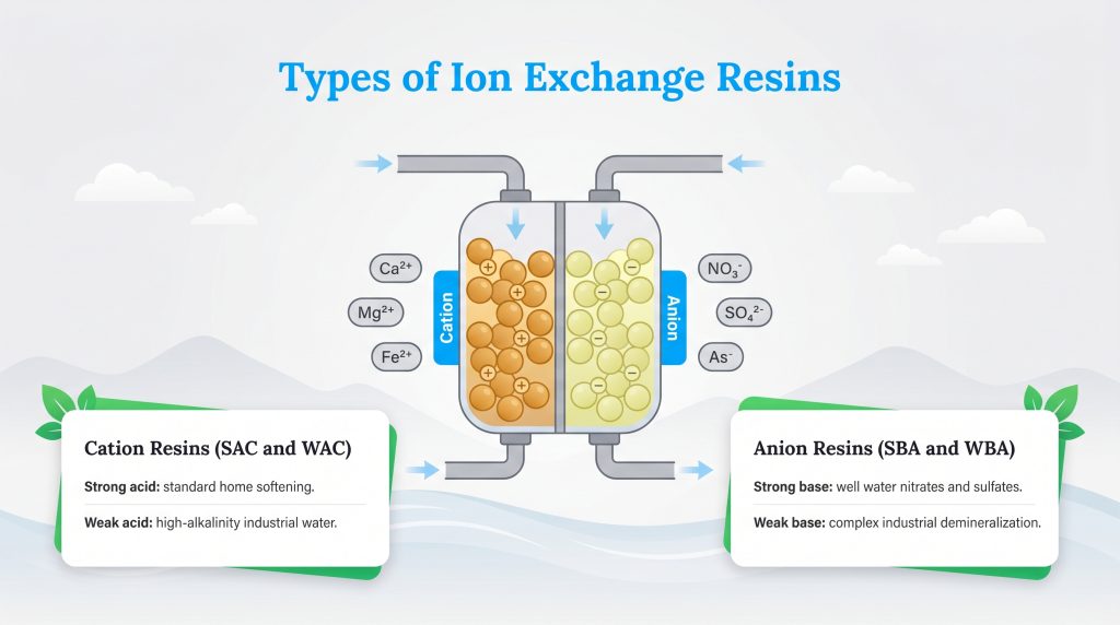 Infographic illustrating a dual-chamber ion exchange process with cation and anion resin explanation boxes.