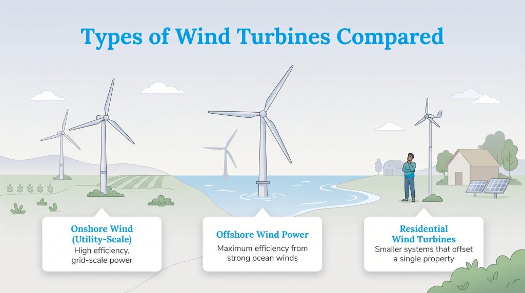 Infographic comparing Onshore, Offshore, and Residential wind turbines, illustrating their scale and application with brief descriptions.