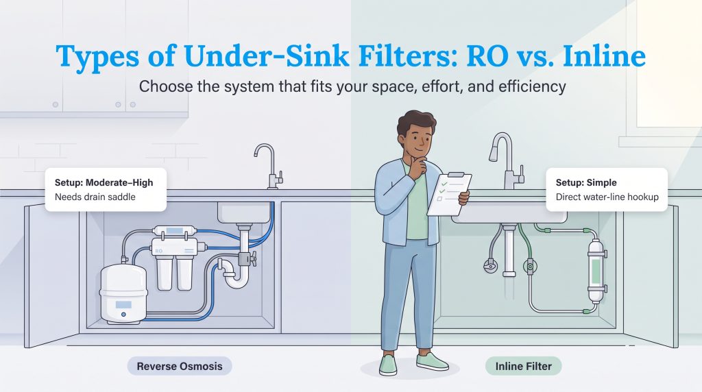 A user compares two under-sink filter diagrams: a complex reverse osmosis system and a simpler inline filter.