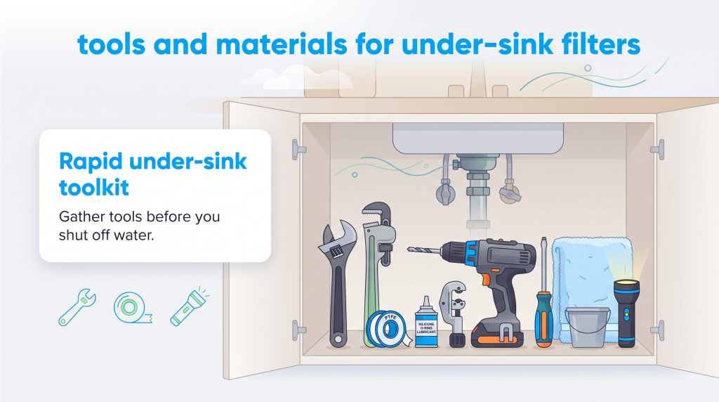 Wrench, drill, tape, lubricant, bucket, and flashlight under a sink for filter installation.