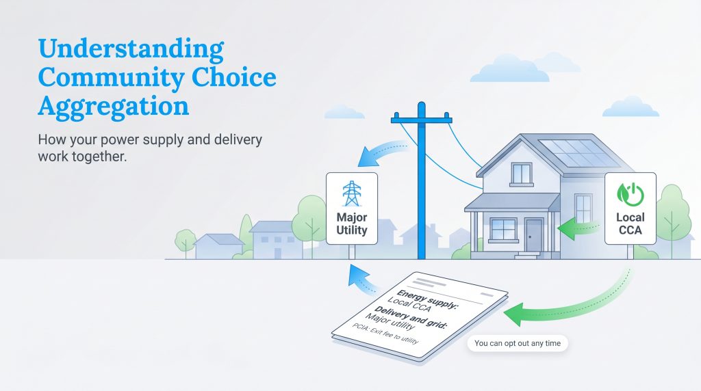 Diagram showing Local CCA supplies energy and Major Utility handles delivery, both on one bill.