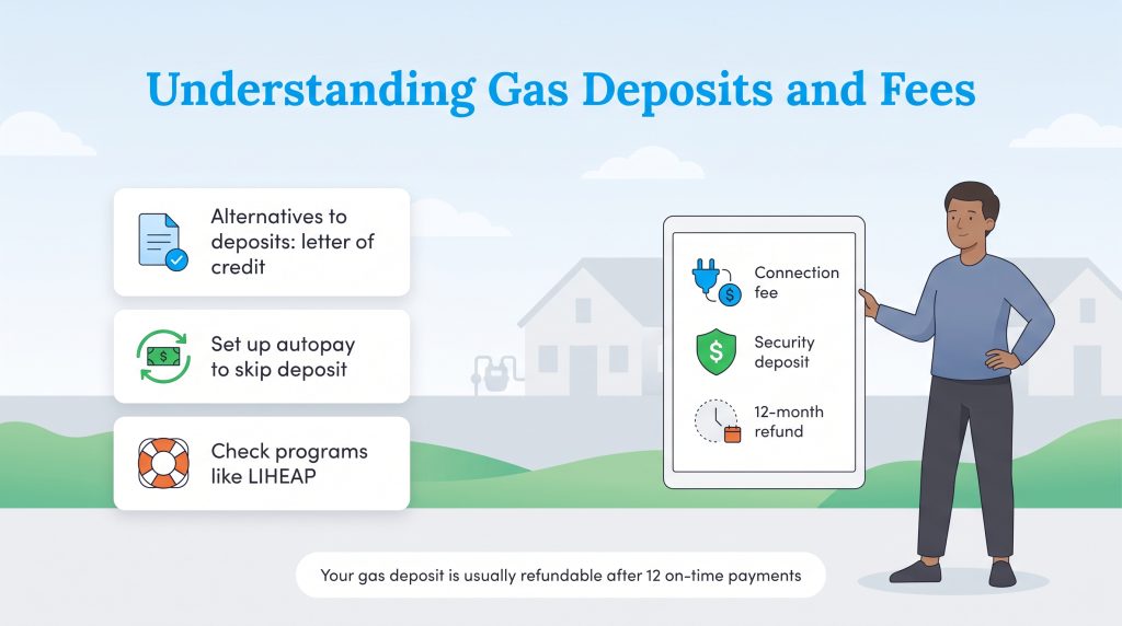 Infographic explaining gas fees, deposits, deposit alternatives like autopay, and deposit refunds.