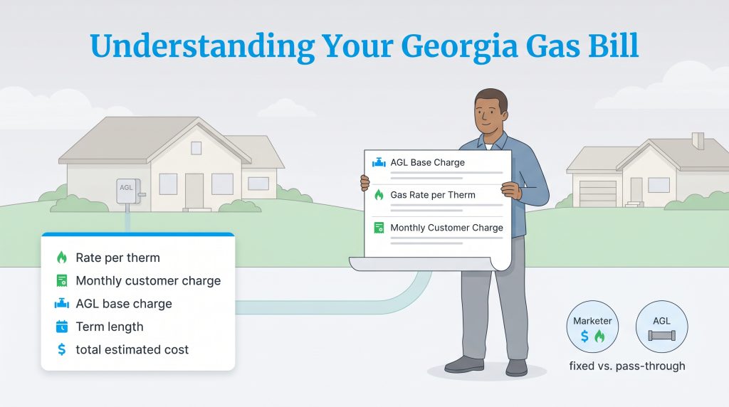 Illustration of a man holding a scroll with Georgia gas bill charges, next to a checklist of bill components.