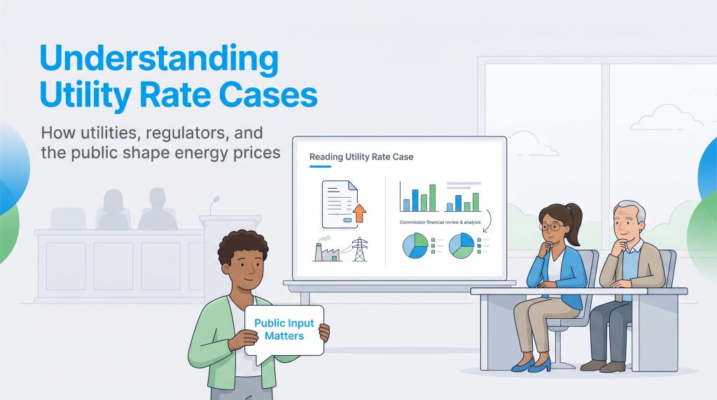 Infographic on utility rate cases, showing a presenter, an audience, and a Public Input Matters speech bubble.