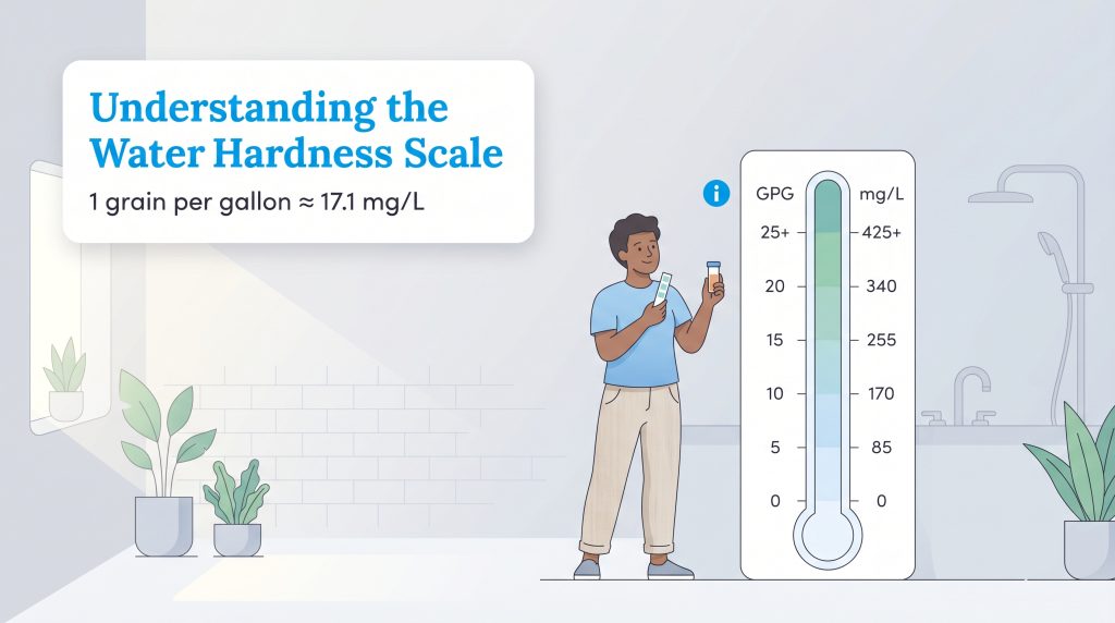 Infographic showing a water hardness scale with GPG and mg/L measurements and a man with test tubes.