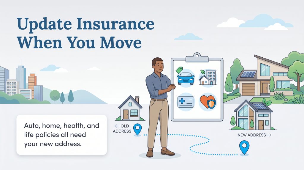 Illustration urging people to update auto, home, health, and life insurance policies when moving.