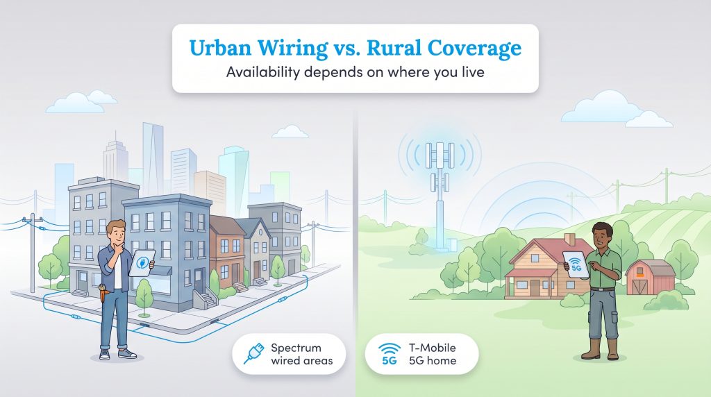 Split illustration comparing Spectrum urban wired internet to T-Mobile rural 5G home internet.