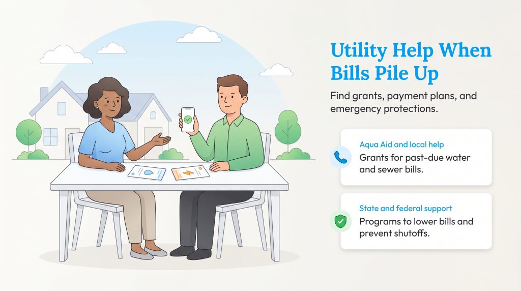 Illustration of two people and text about utility assistance grants, payment plans, and protections.