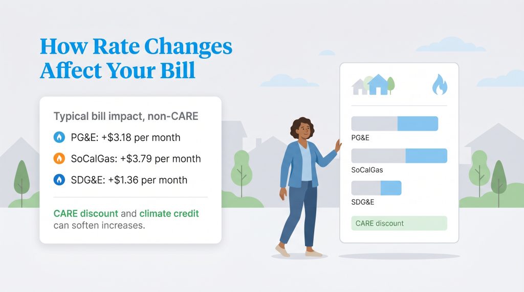 Infographic showing estimated monthly utility bill increases for non-CARE PG&E, SoCalGas, and SDG&E customers.