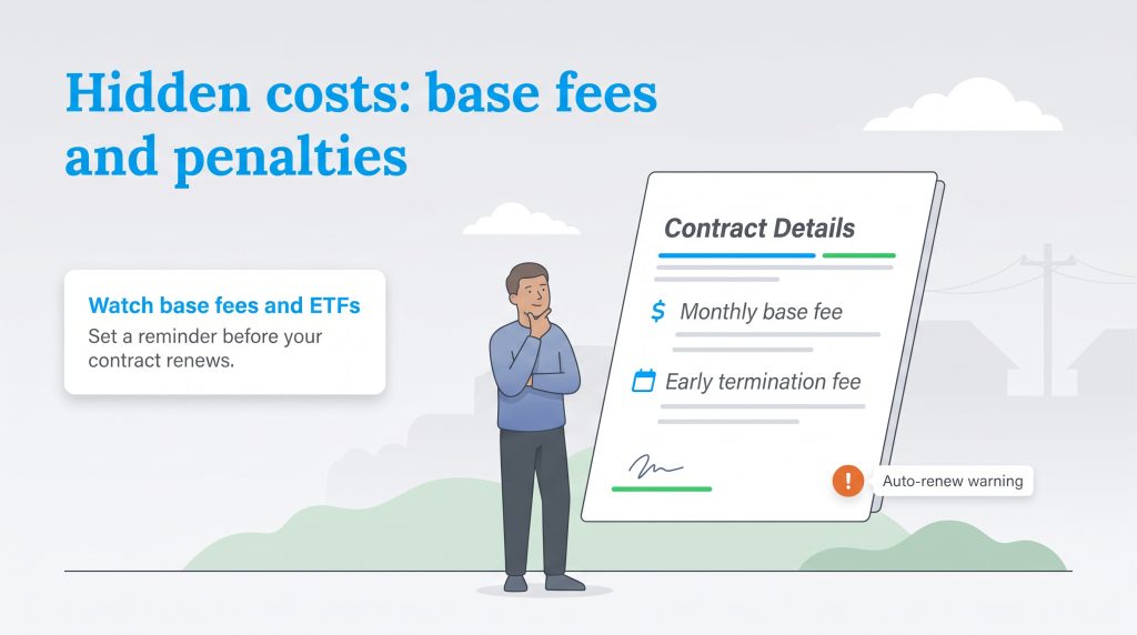 Person reviewing a contract highlighting base fees, ETFs, and an auto-renew warning.