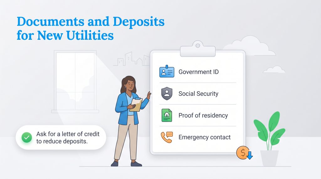 Checklist of required utility documents and a tip to use a letter of credit to reduce deposits.