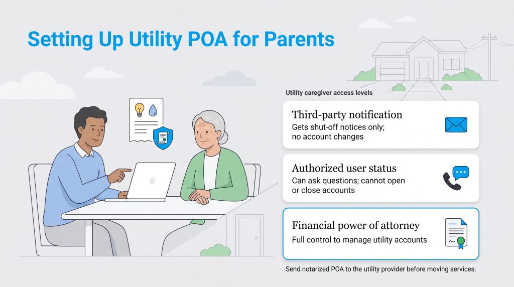 Infographic explaining three levels of utility account access for caregivers: Third-party notification, Authorized user status, and Financial Power of Attorney.