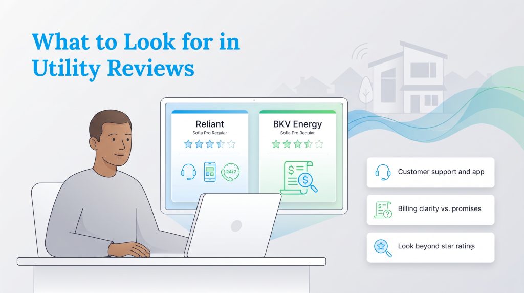 A man compares Reliant and BKV Energy utility reviews on a laptop, with tips on what to analyze.
