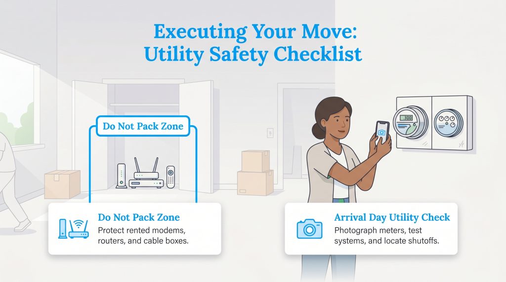 Illustration of a Do Not Pack Zone for electronics and a woman photographing utility meters.