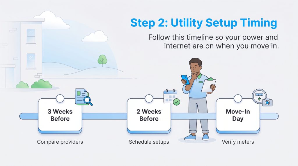 A timeline for utility setup showing comparison at 3 weeks, scheduling at 2 weeks, and meter verification on move-in day.