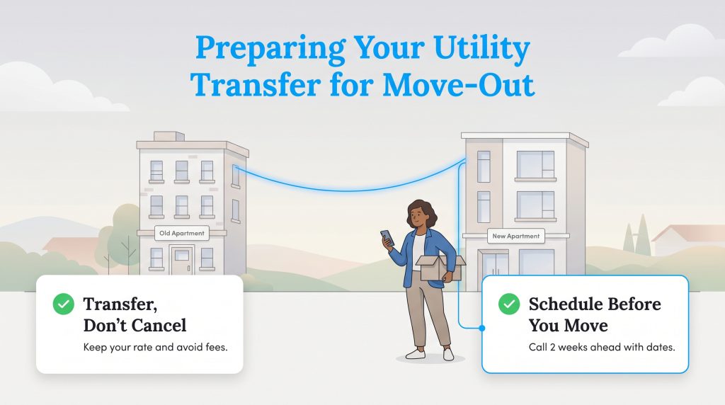 Illustration guide on transferring utility service between old and new apartments during a move.